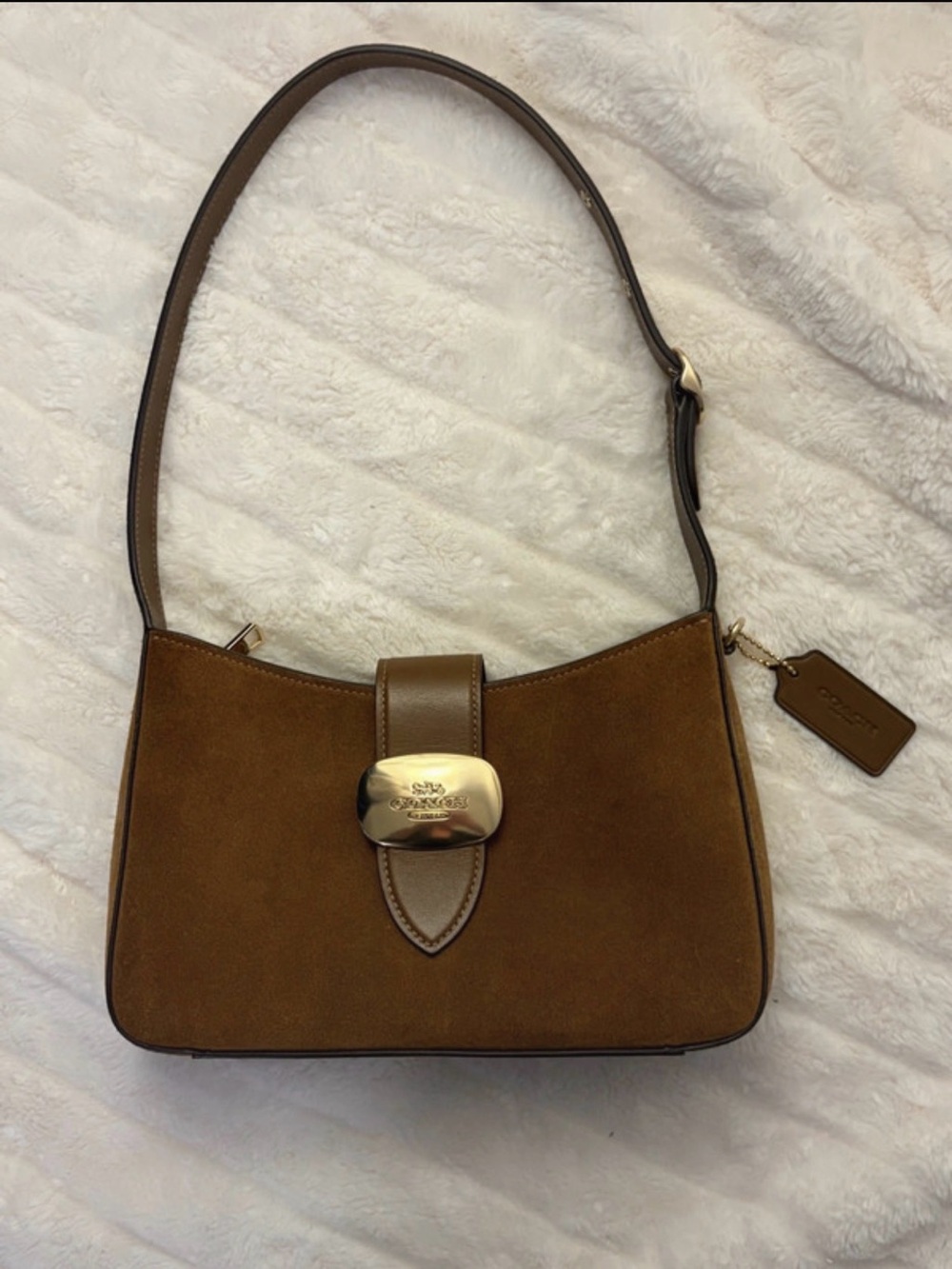 Coach Brown Suede Eliza Shoulder Bag with Gold Accent